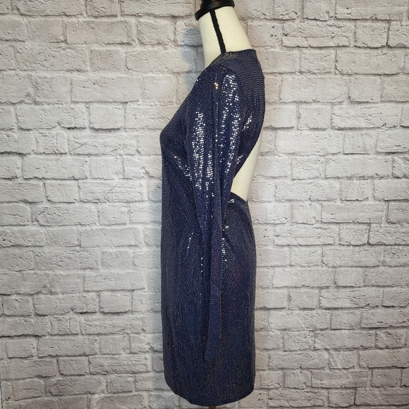 H&M Divided blue silver shimmer bodycon open back long sleeve mini dress sz L - Picture 6 of 12